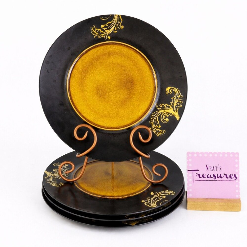Gourmet Expressions HONEY DAMASK Amber Leaves Stoneware Dinner Plates Set of 4